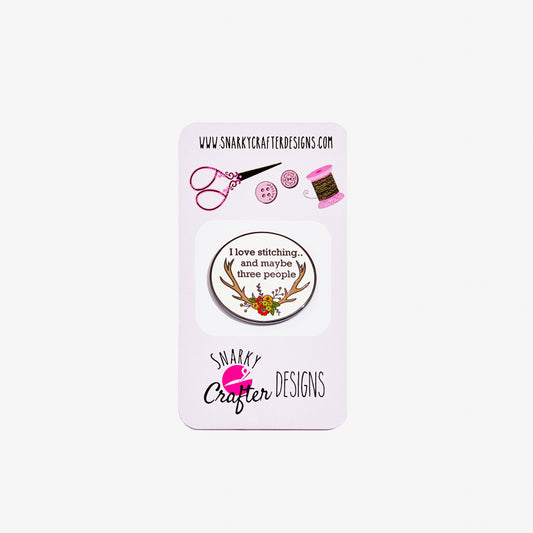 Pin with antlers and text on a card with Snarky Crafter Designs branding