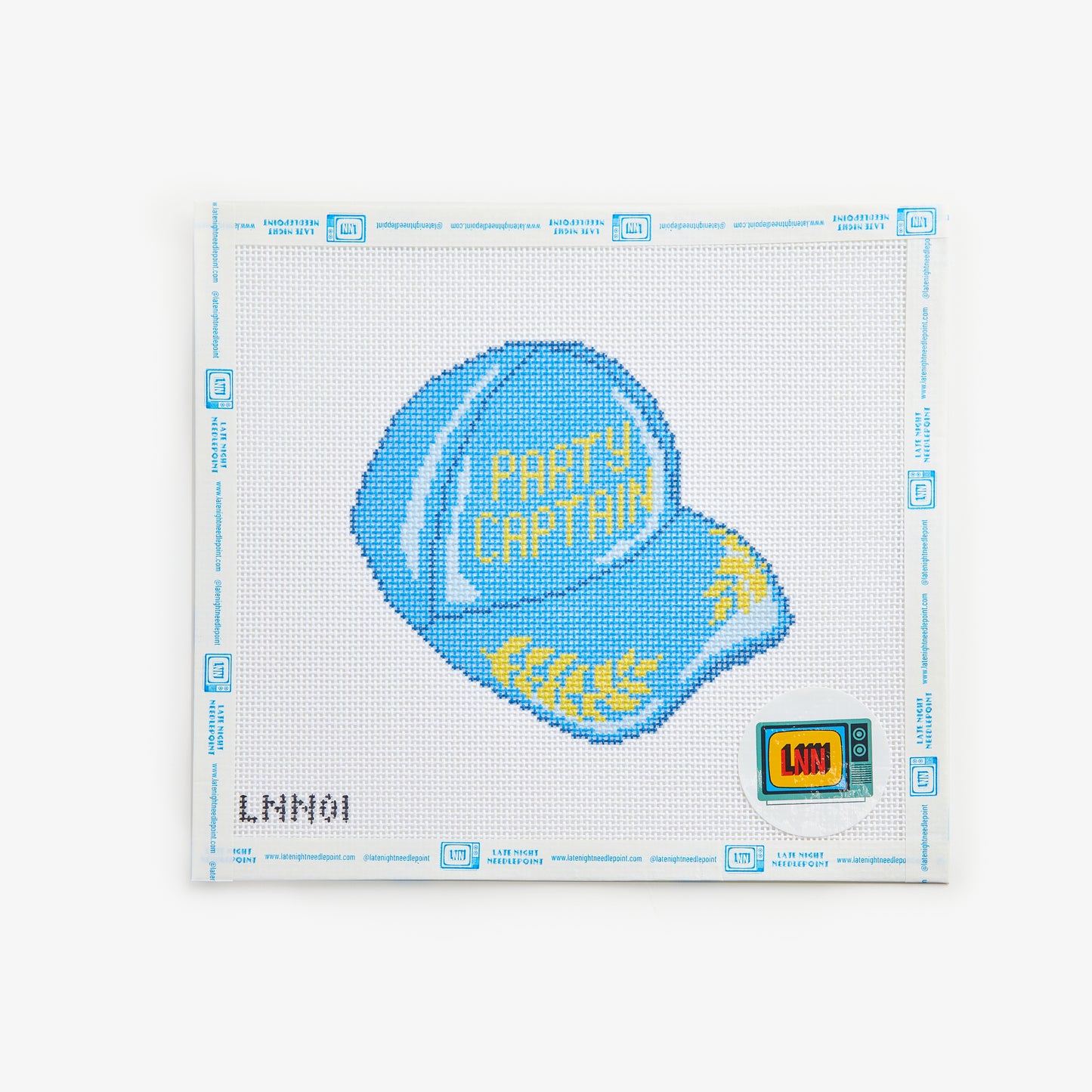 Cross-stitch pattern with a blue cap labeled 'Party Captain' on a white background