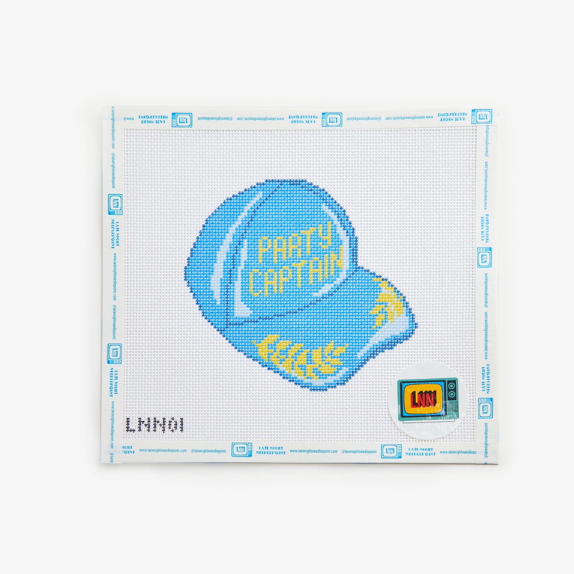 Cross-stitch pattern with a blue cap labeled 'Party Captain' on a white background