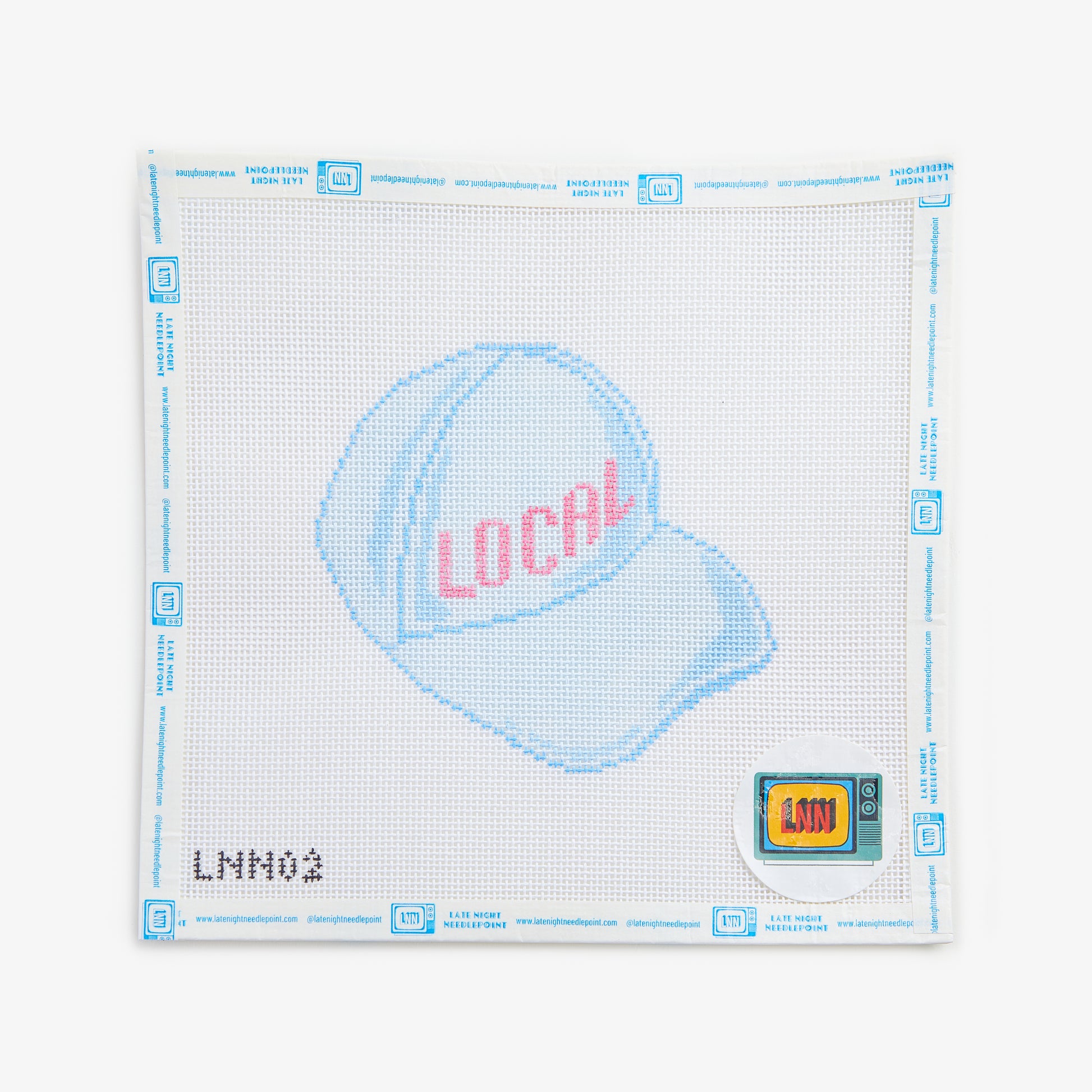 Cross-stitch pattern of a cap with 'LOCAL' text on a white background