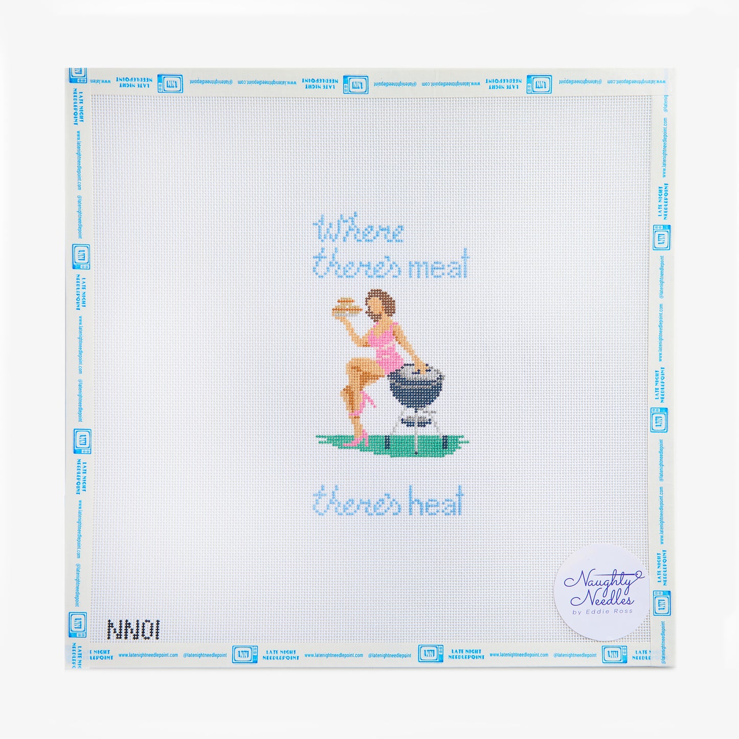 Cross-stitch pattern with a design of a woman in a bikini sitting on a grill, text 'Where there's meat, there's heat', and brand 'NINO' on a white background.