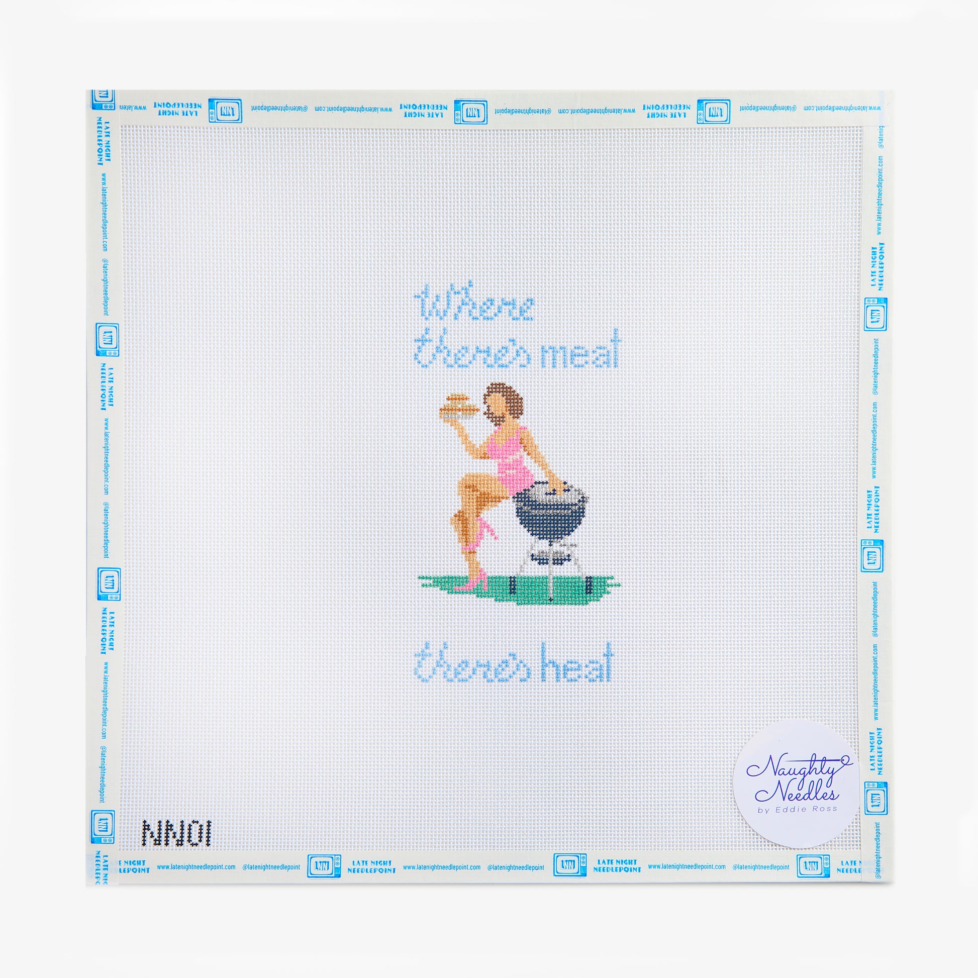 Cross-stitch pattern with a design of a woman in a bikini sitting on a grill, text 'Where there's meat, there's heat', and brand 'NINO' on a white background.