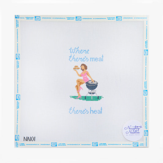 Cross-stitch pattern with a design of a woman in a bikini sitting on a grill, text 'Where there's meat, there's heat', and brand 'NINO' on a white background.