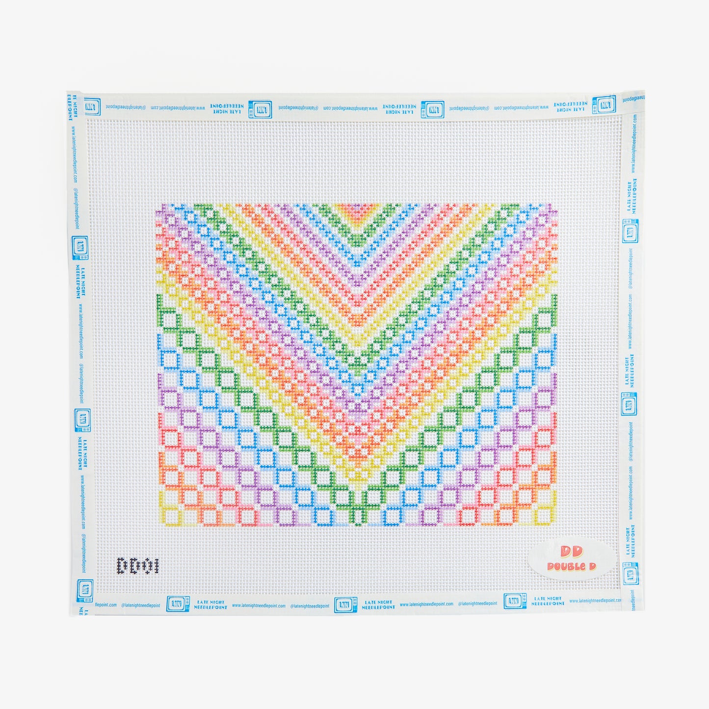 Cross-stitch pattern with a colorful V-shaped design on a white background