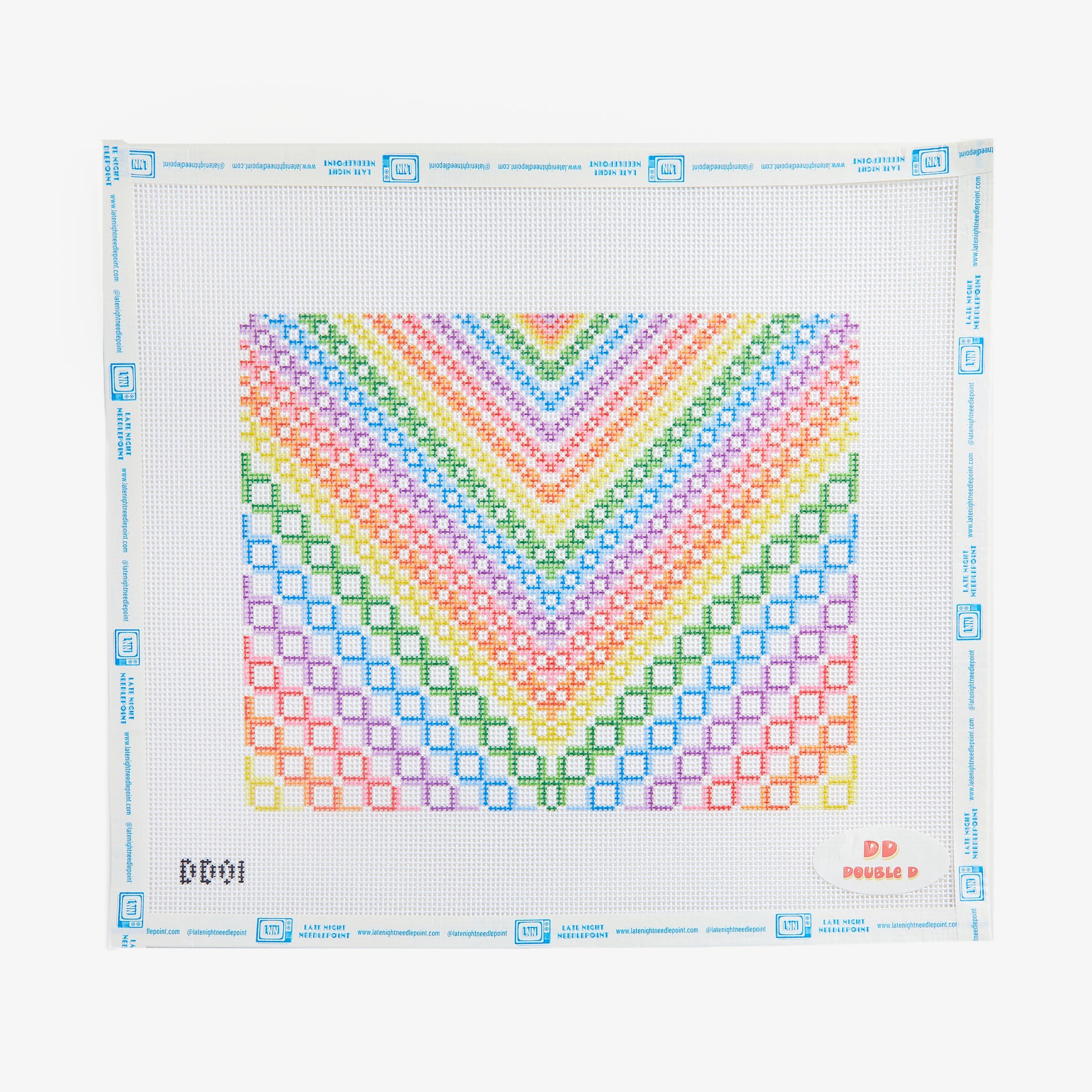 Cross-stitch pattern with a colorful V-shaped design on a white background