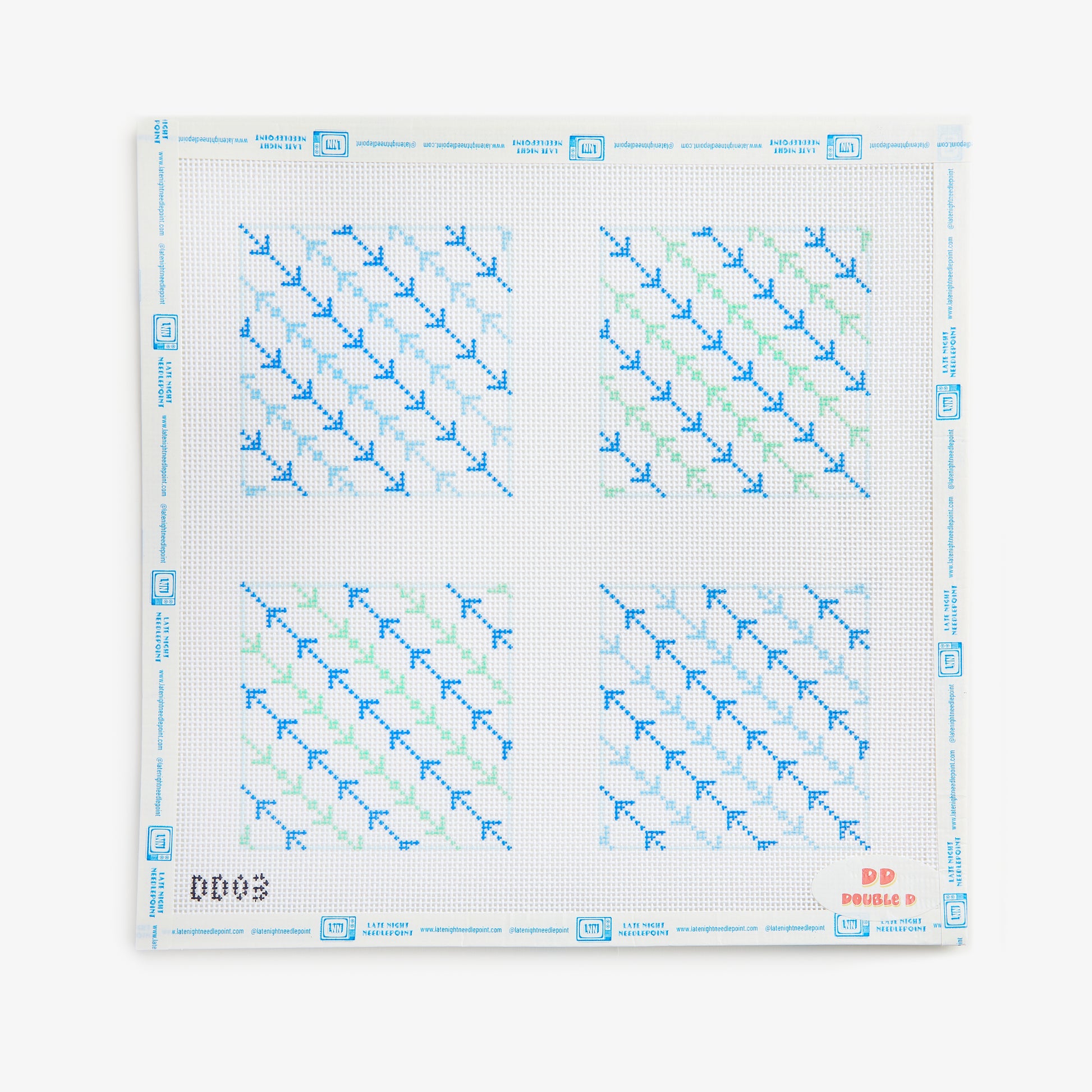 Cross-stitch pattern with blue and green threads on a white background