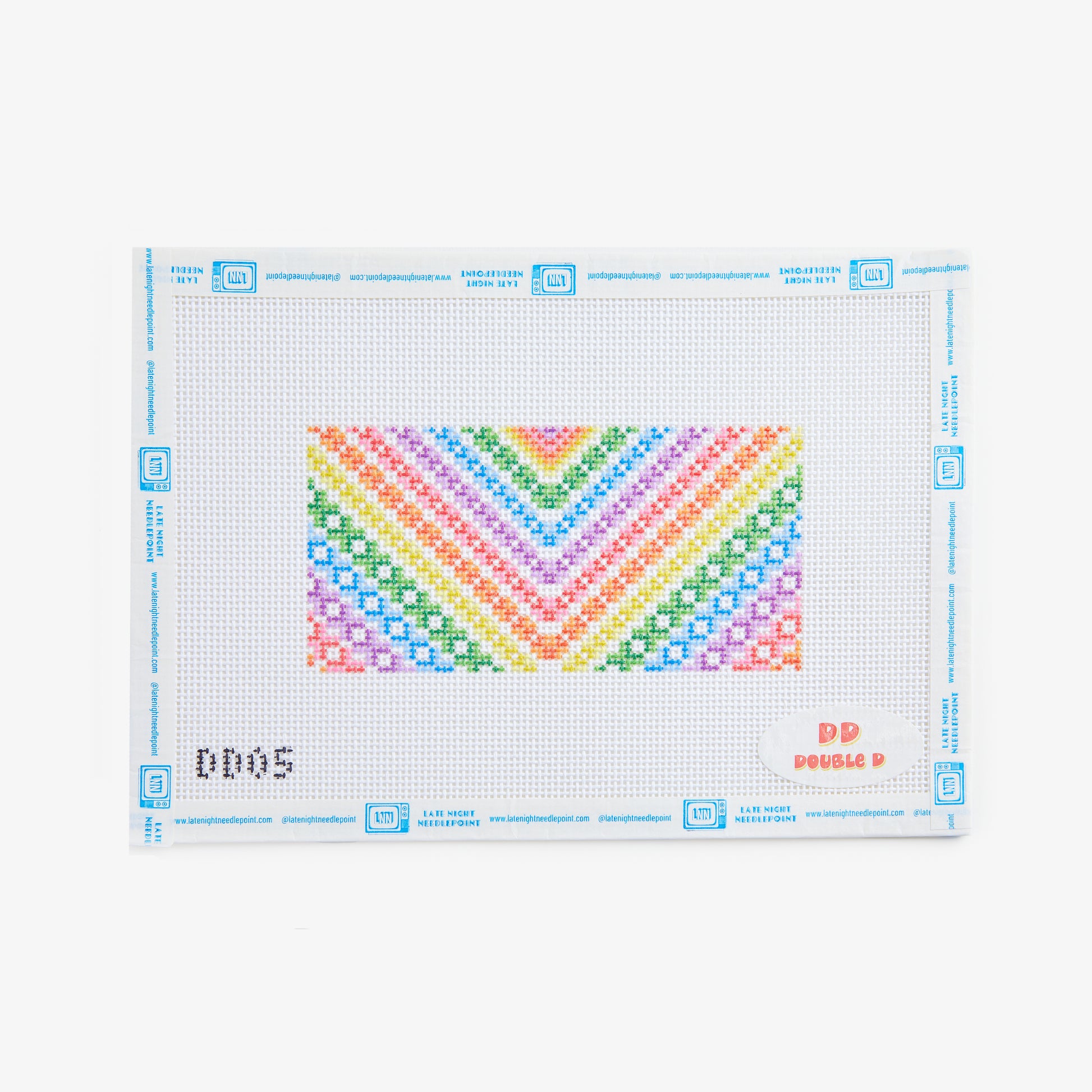 Cross-stitch pattern with a rainbow chevron design on a white background