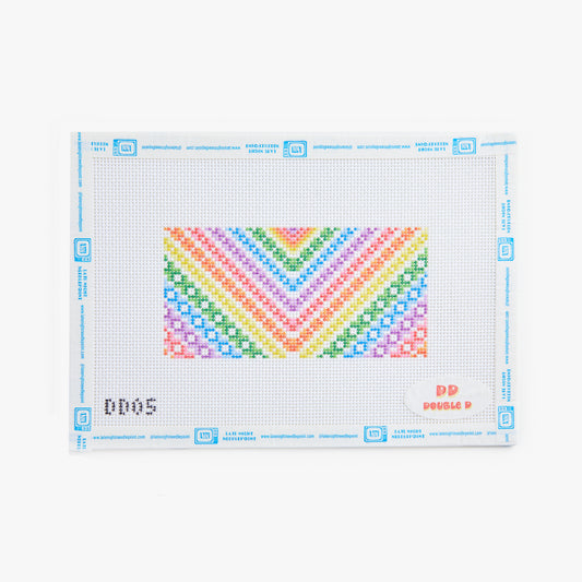 Cross-stitch pattern with a rainbow chevron design on a white background
