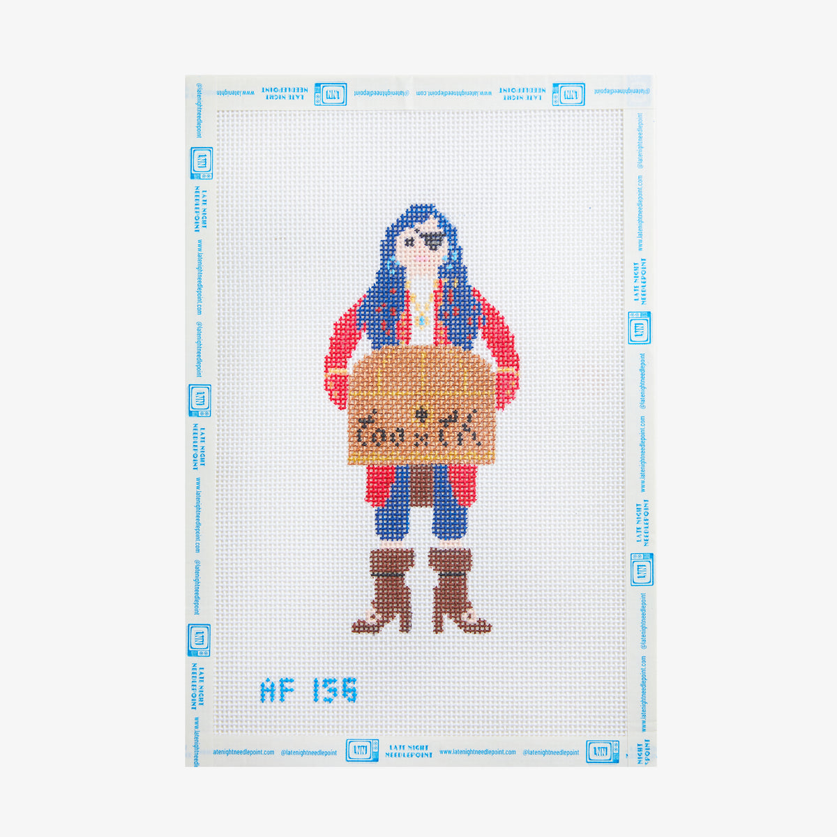 Cross-stitched design of a character holding a sign with text on a white background