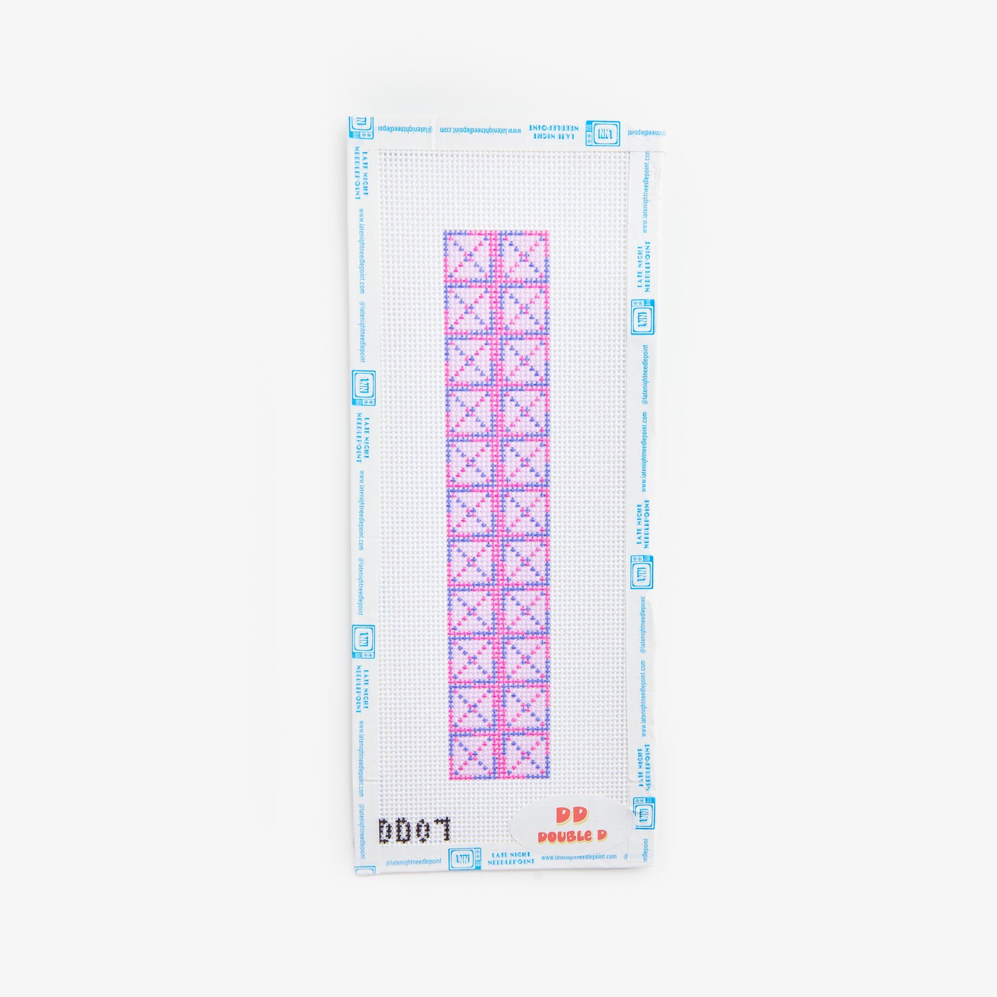 Cross stitch chart with pink and blue patterns on a white background