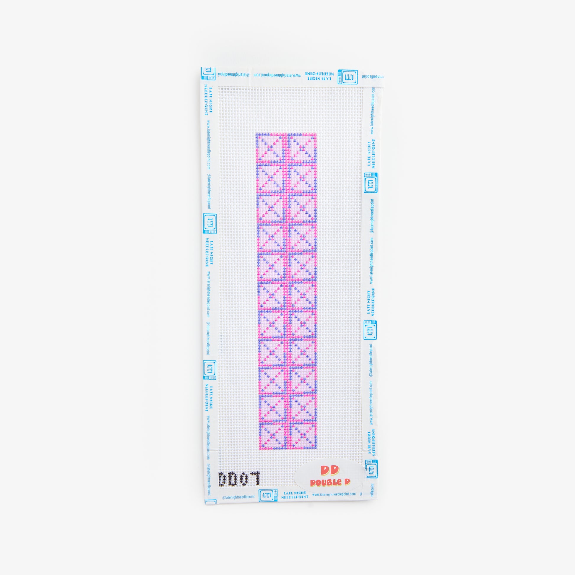 Cross stitch chart with pink and blue patterns on a white background