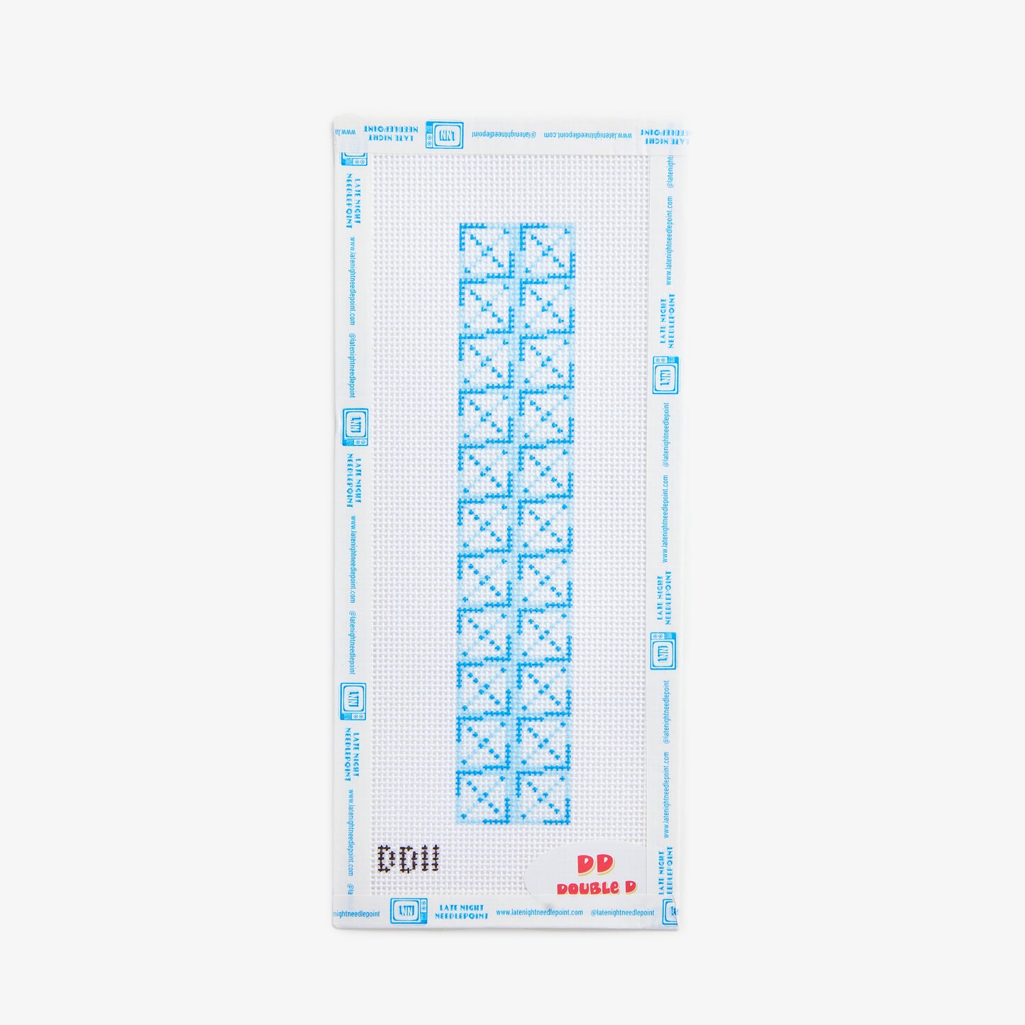 Cross stitch chart with blue markings on a white background