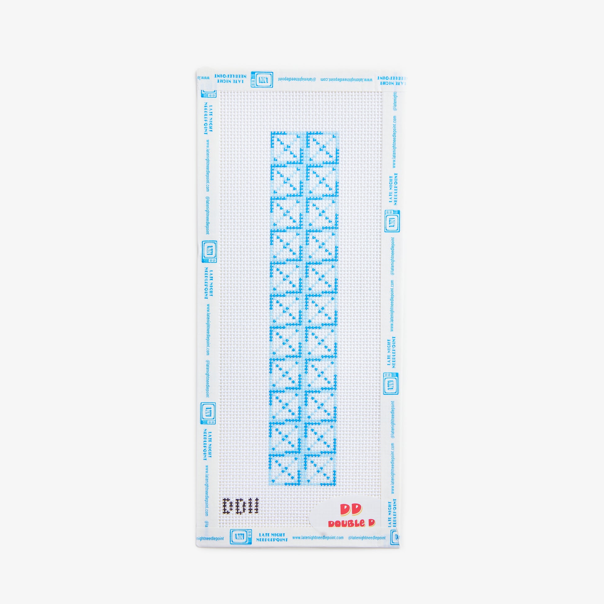 Cross stitch chart with blue markings on a white background