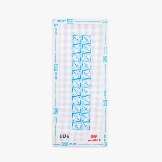 Cross stitch chart with blue markings on a white background