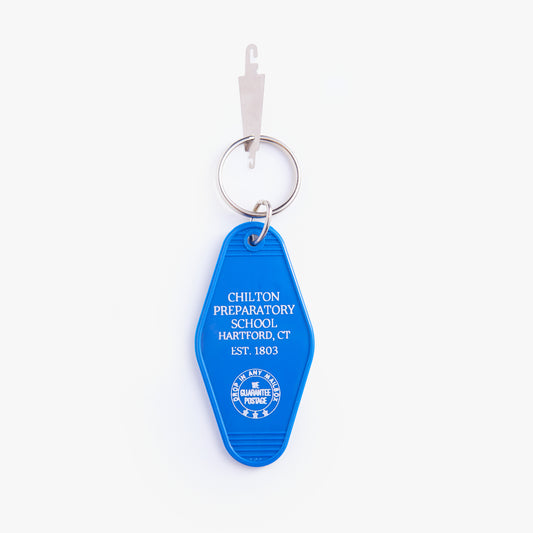 Blue keychain with 'Chilton Preparatory School' text on a white background
